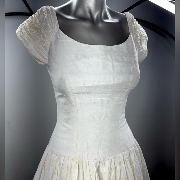 VTG CHRISTIAN DIOR Silk Wedding Dress W/ Gathered Sleeves + Button Back 26”W - Picture 2 of 11
